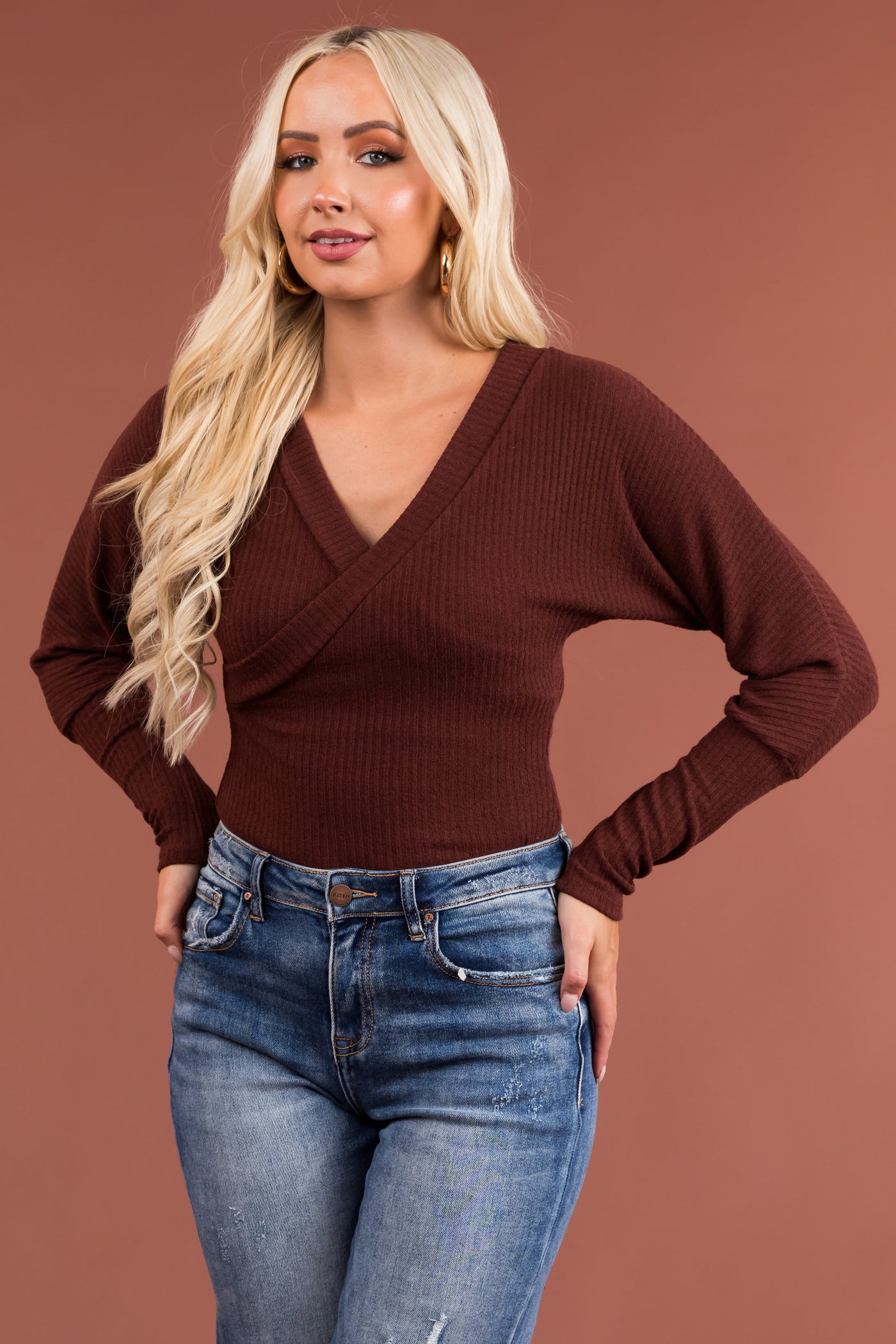 Chocolate Long Sleeve Surplice Ribbed Bodysuit