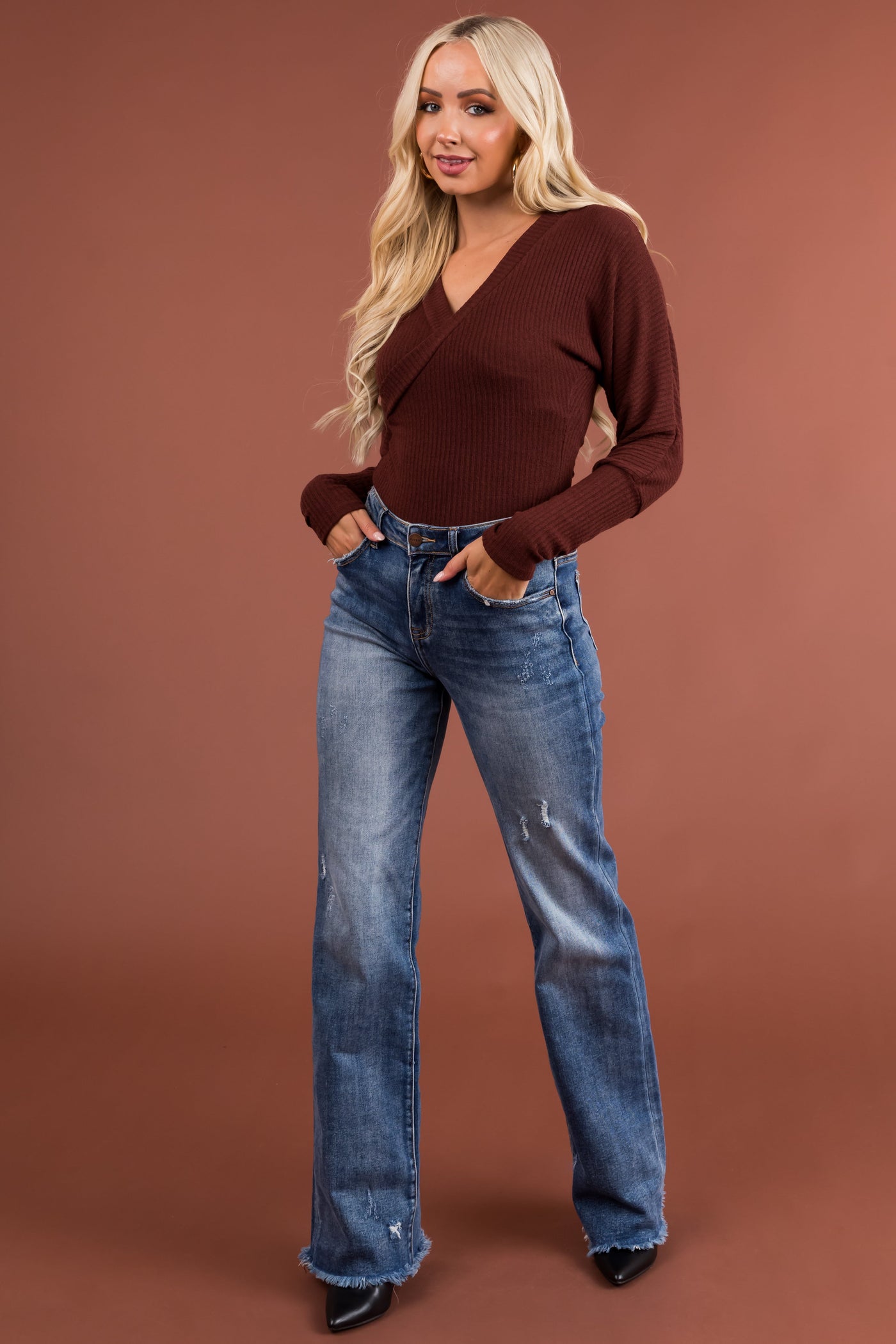 Chocolate Long Sleeve Surplice Ribbed Bodysuit