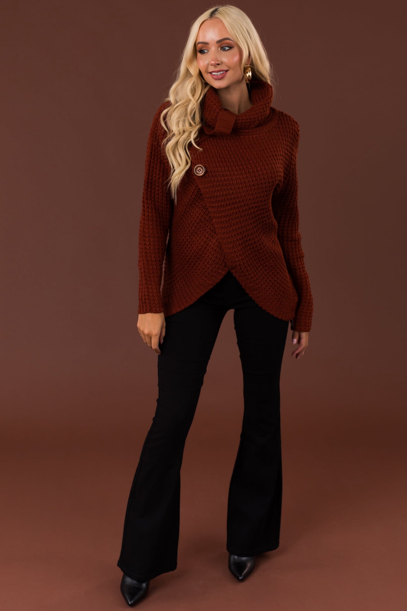 Cinnamon Cowl Neck Tulip Hem Wrap Knit Sweater