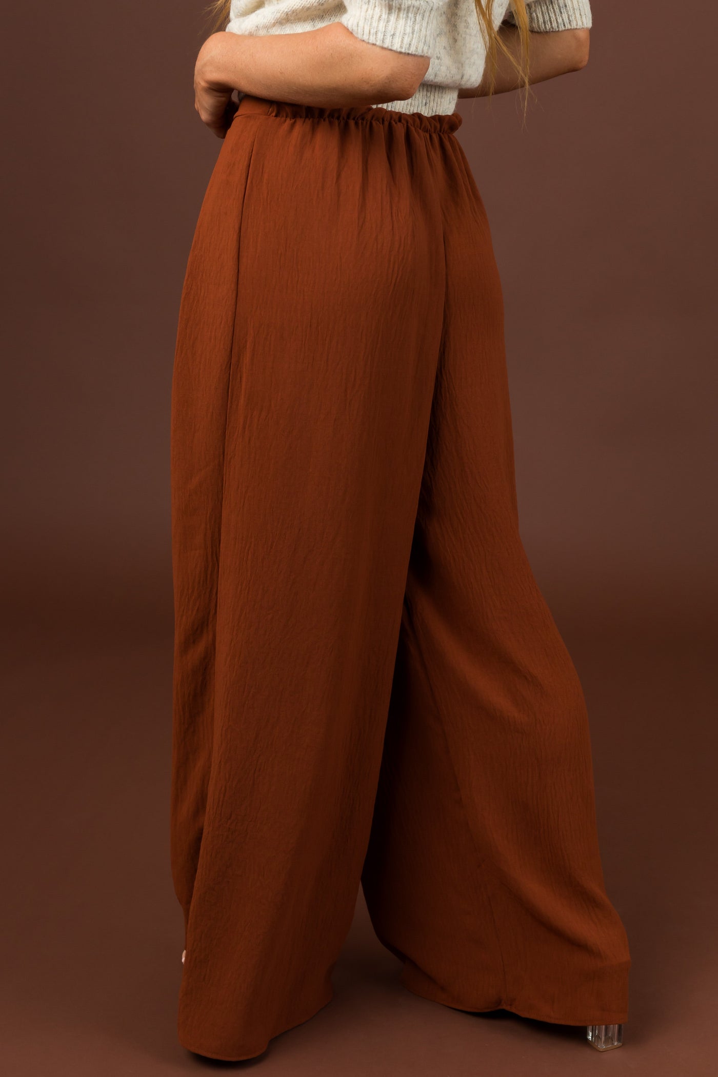 Cinnamon Pleated Wide Leg Flowy Elastic Waist Pants
