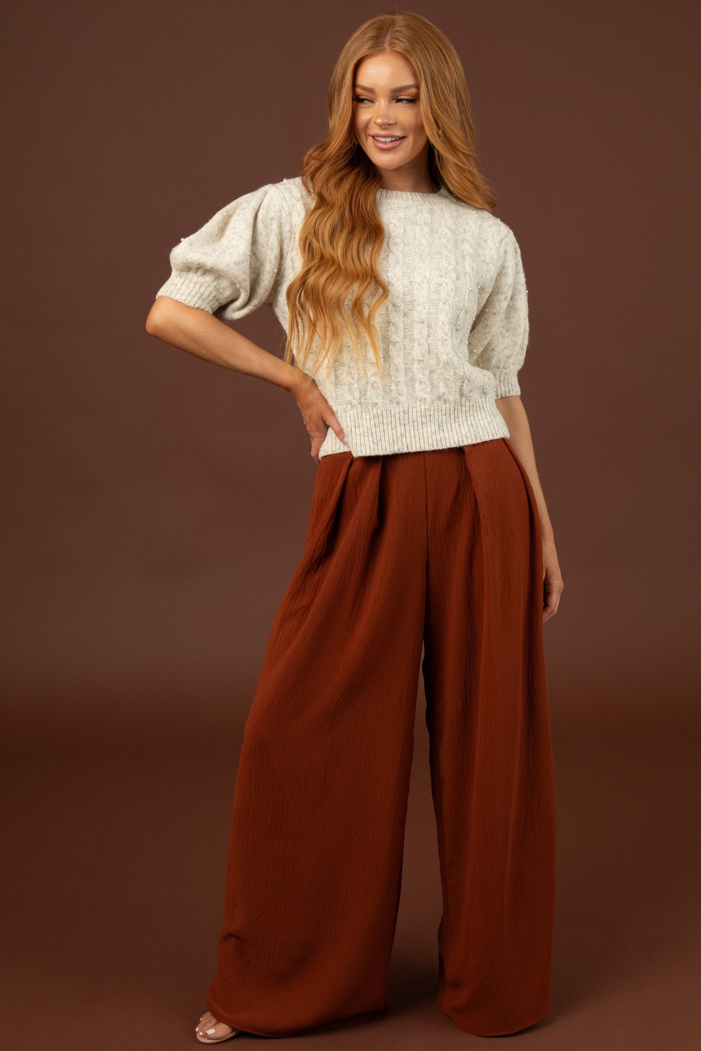 Cinnamon Pleated Wide Leg Flowy Elastic Waist Pants