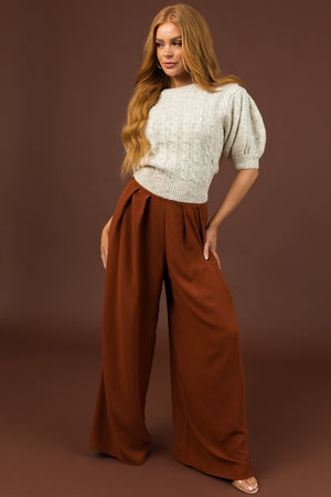 Cinnamon Pleated Wide Leg Flowy Elastic Waist Pants