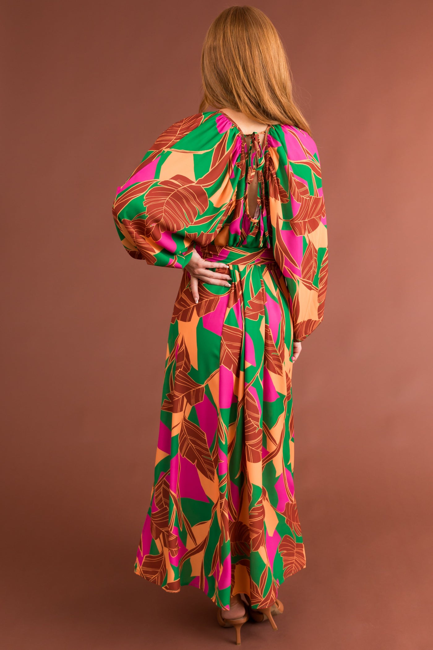Cinnamon Tropical Print Open Tie Back Maxi Dress