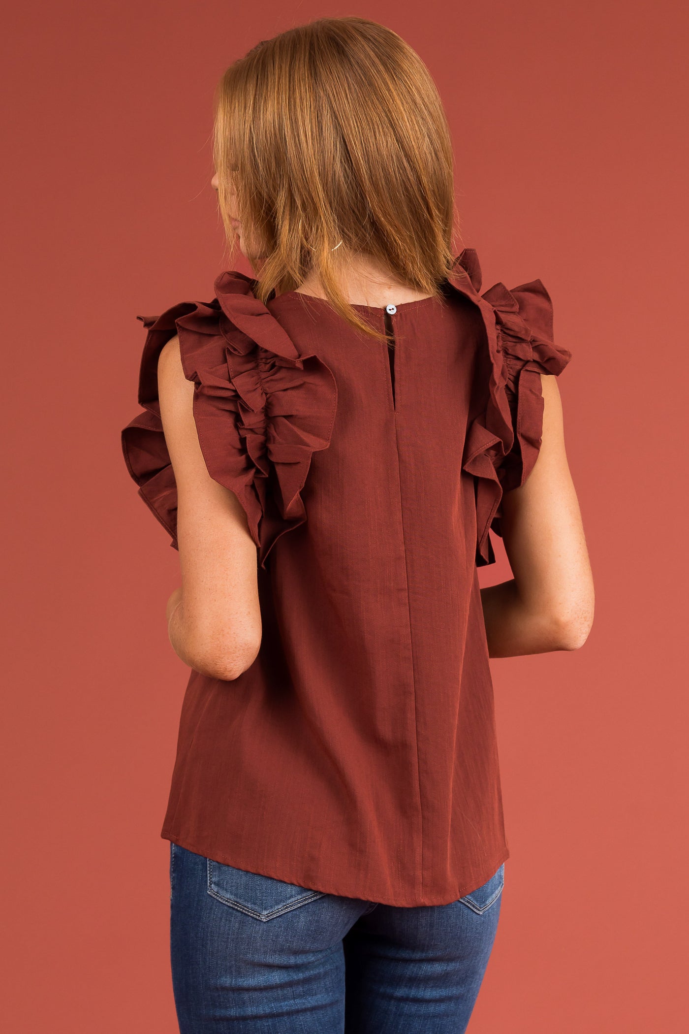Cinnamon Woven Top with Layered Ruffle Sleeves