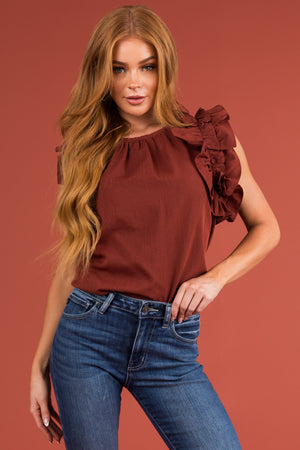 Cinnamon Woven Top with Layered Ruffle Sleeves