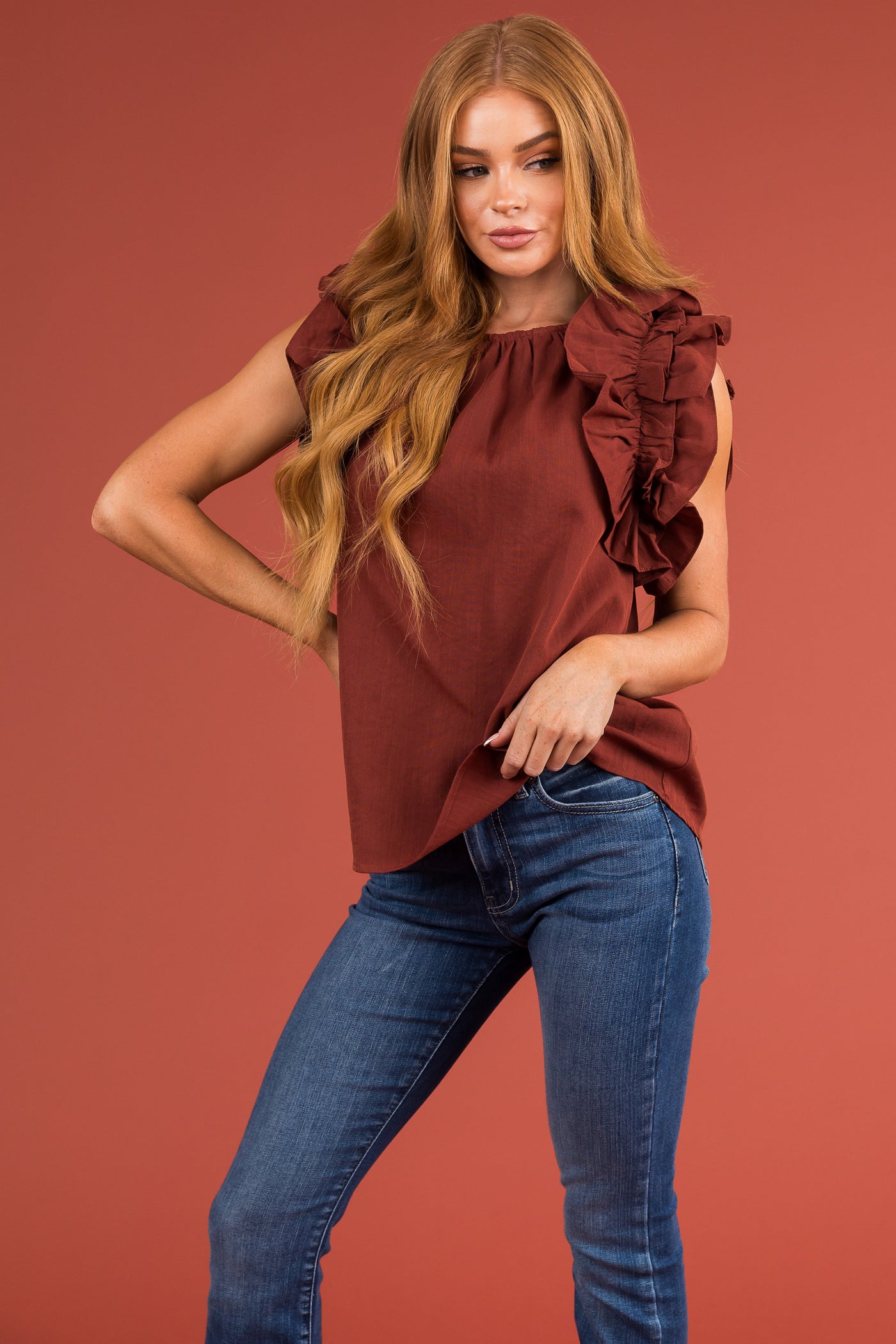Cinnamon Woven Top with Layered Ruffle Sleeves