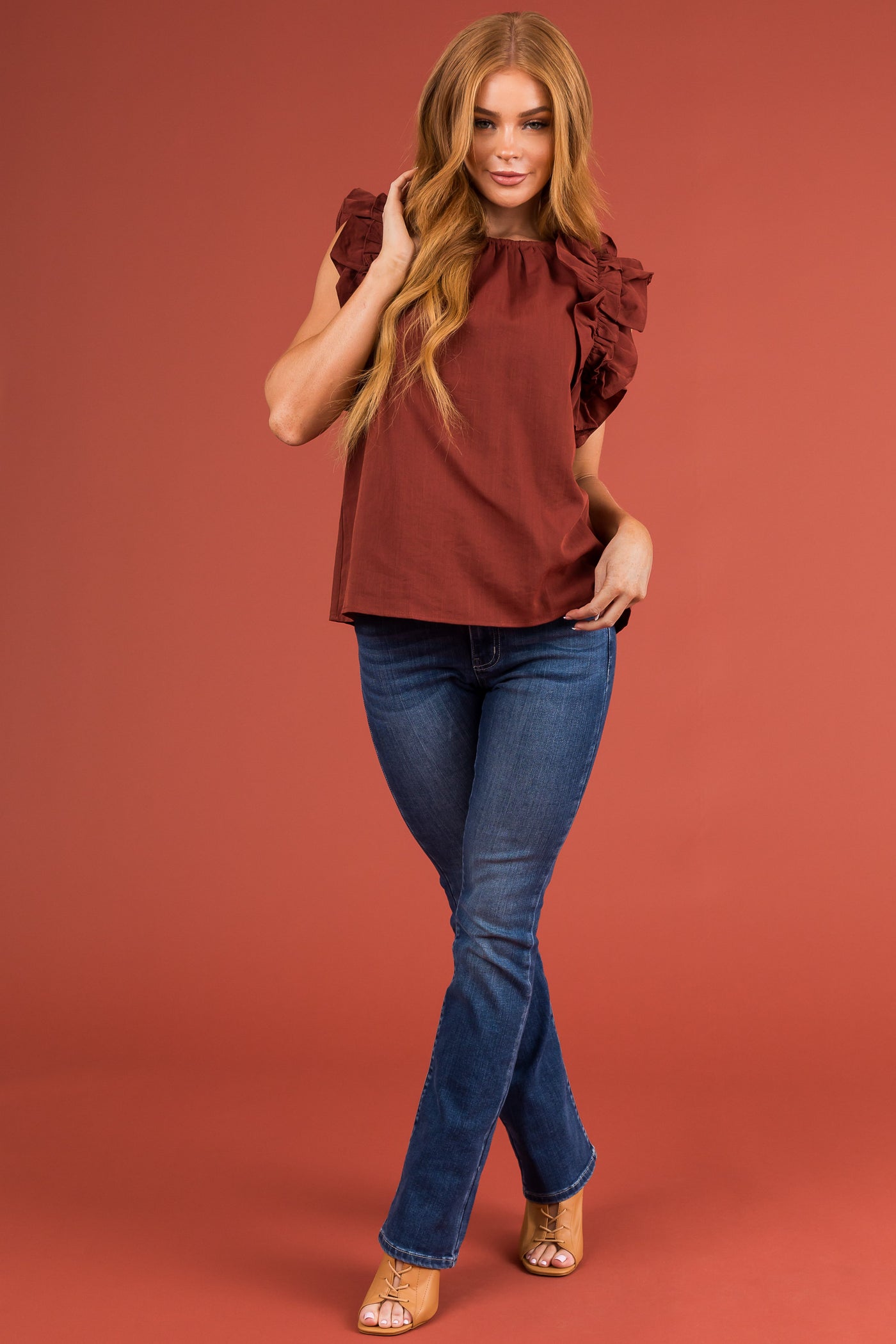 Cinnamon Woven Top with Layered Ruffle Sleeves