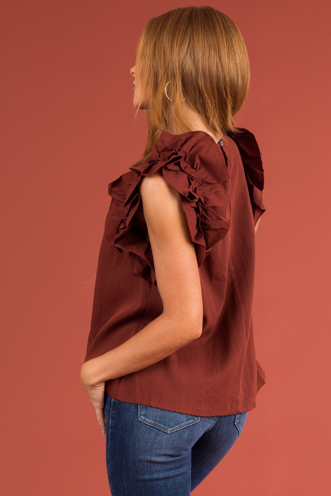 Cinnamon Woven Top with Layered Ruffle Sleeves