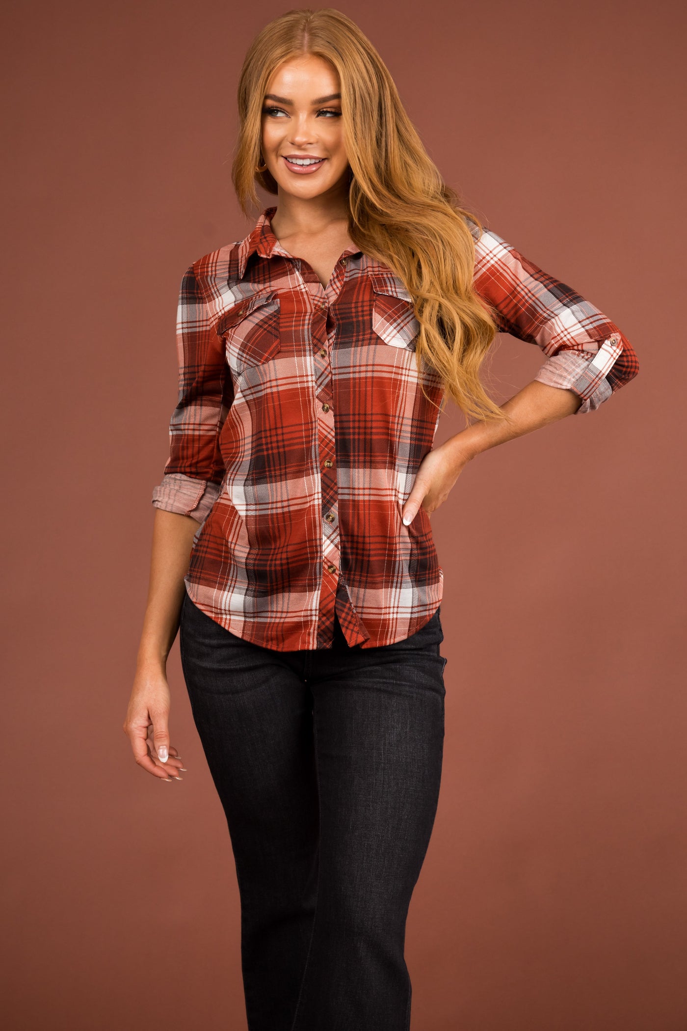 Cinnamon and Black Plaid Top with Chest Pocket