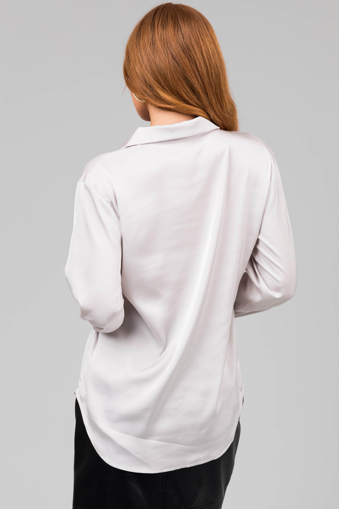 Cloud Grey Satin Button Front Collared Shirt