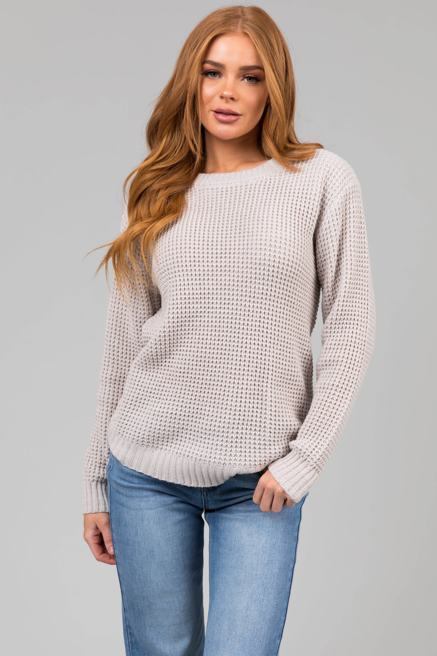 Cloud Grey Thick Waffle Knit Curved Hem Sweater