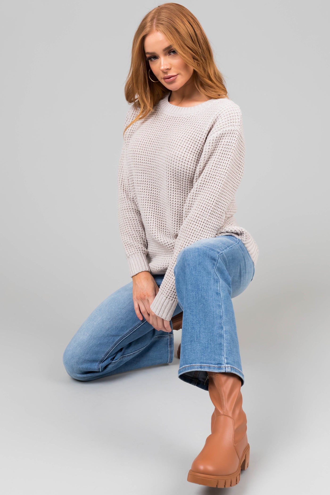 Cloud Grey Thick Waffle Knit Curved Hem Sweater