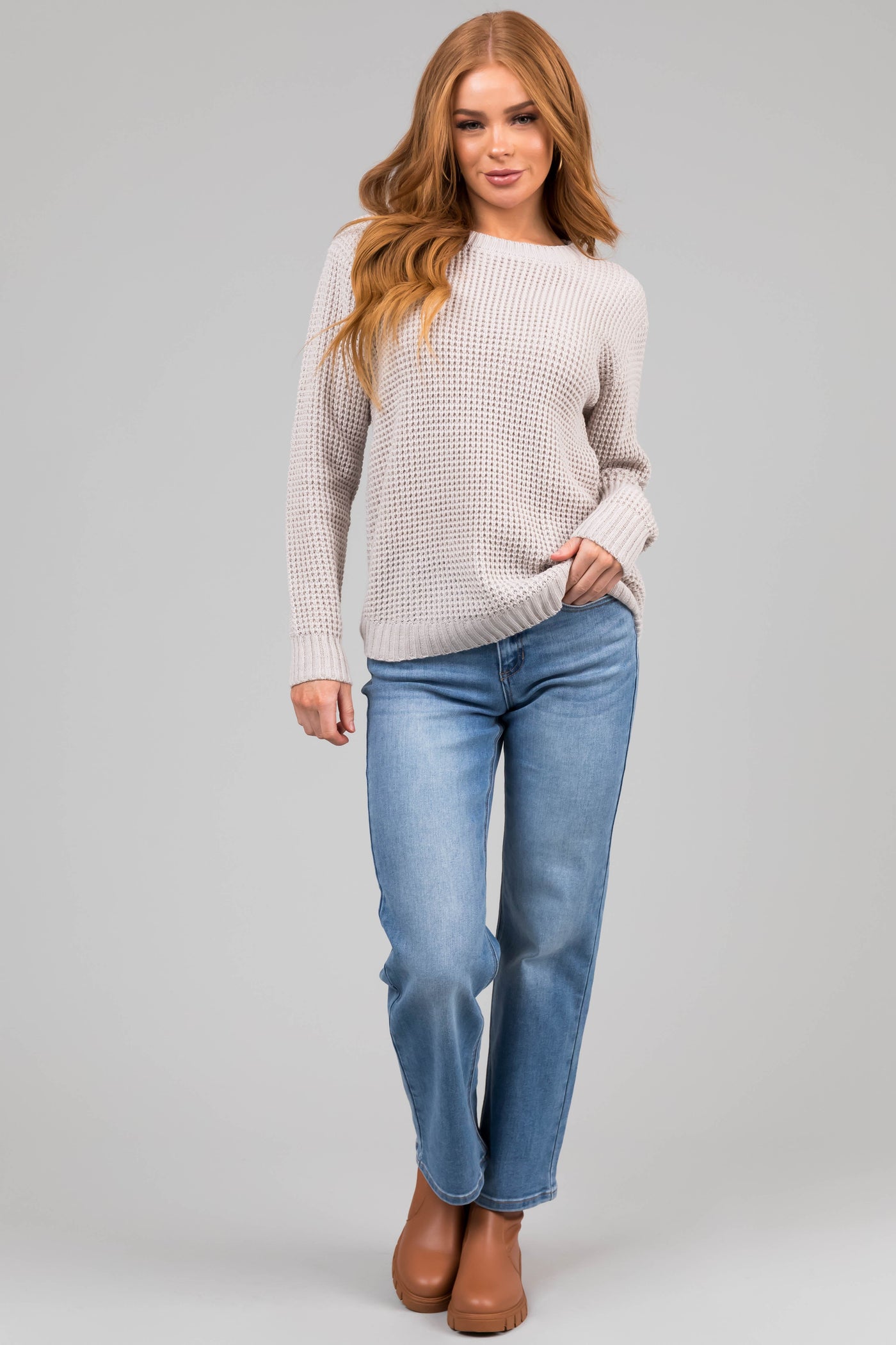 Cloud Grey Thick Waffle Knit Curved Hem Sweater