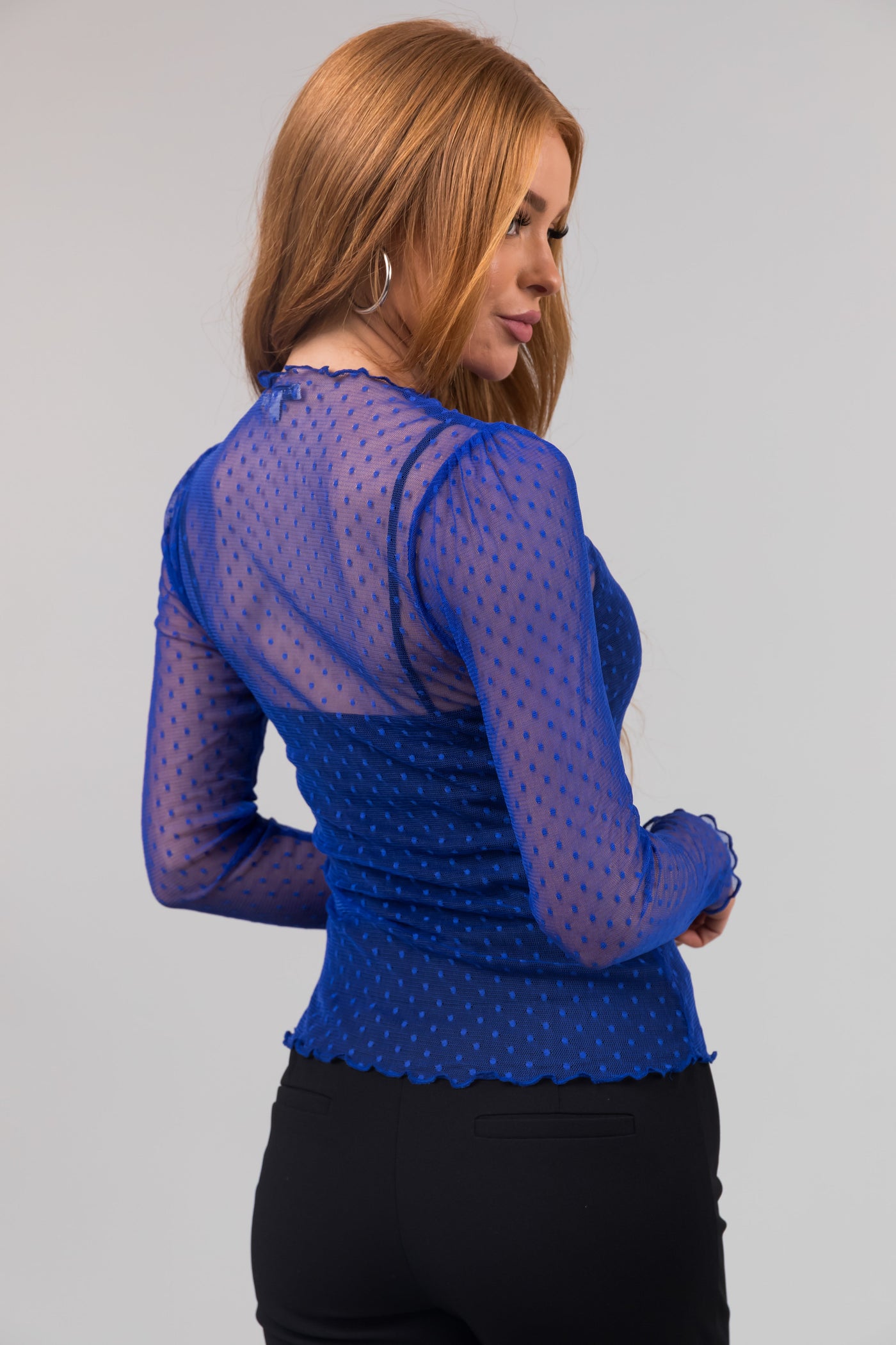 Cobalt Blue Swiss Dot Long Sleeve Mesh Knit Top
