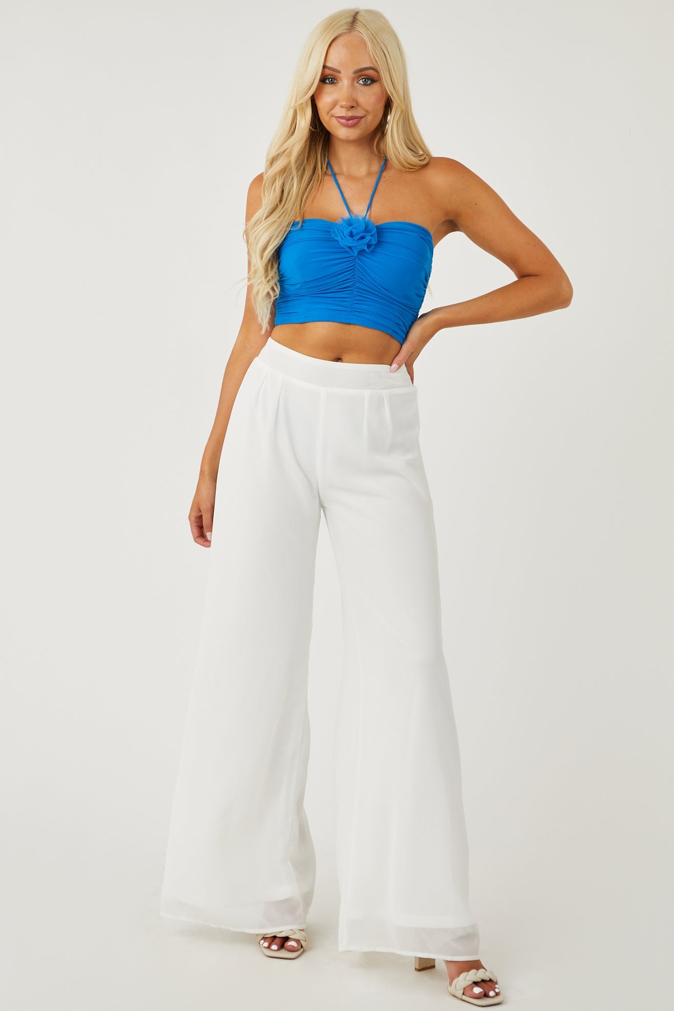 Cobalt Blue Tulle Flower Strappy Halter Crop Top
