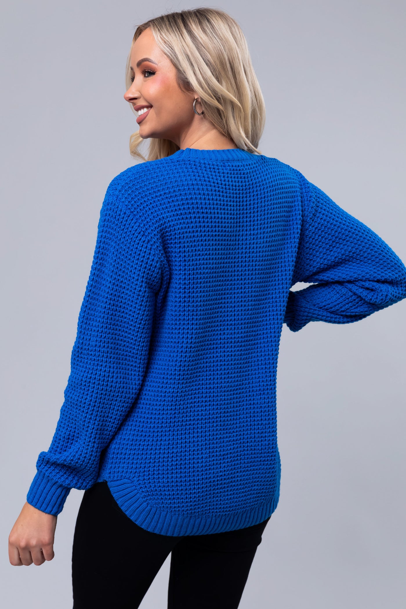 Cobalt Thick Waffle Knit Curved Hem Sweater