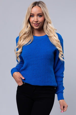 Cobalt Thick Waffle Knit Curved Hem Sweater