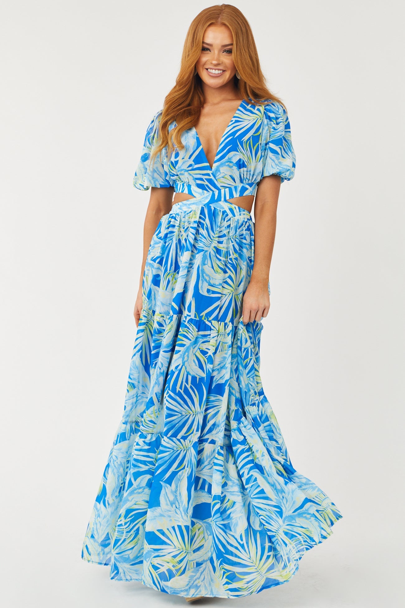 Cobalt Tropical Print Side Cut Out Maxi Dress