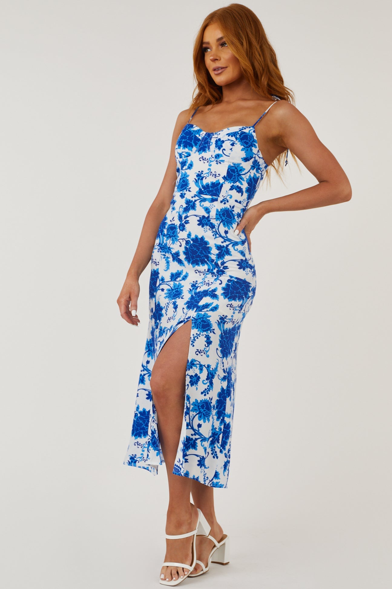 Cobalt and Ivory Floral Sleeveless Side Slit Midi Dress