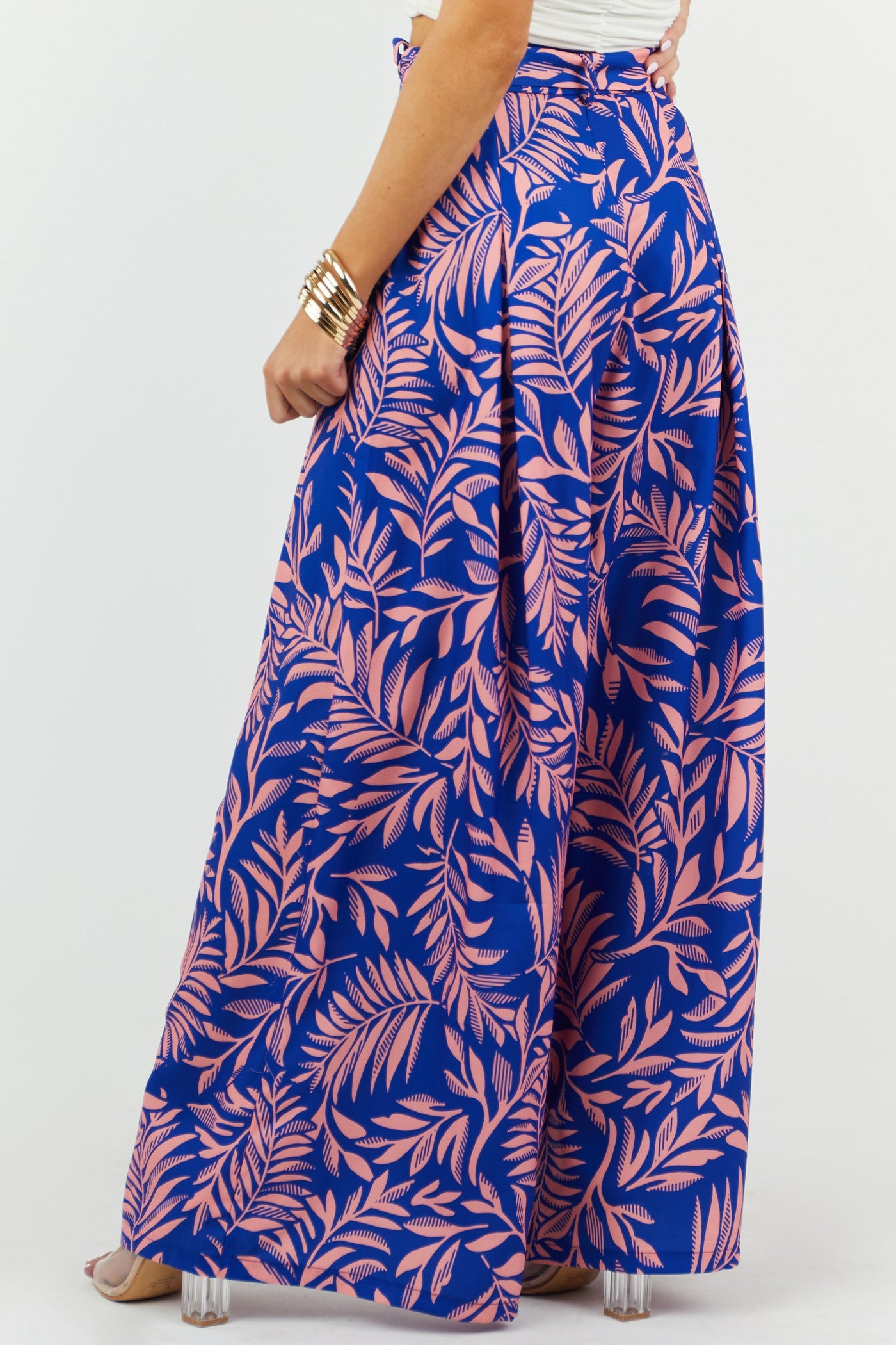Cobalt and Salmon Leaf Print Woven Pants