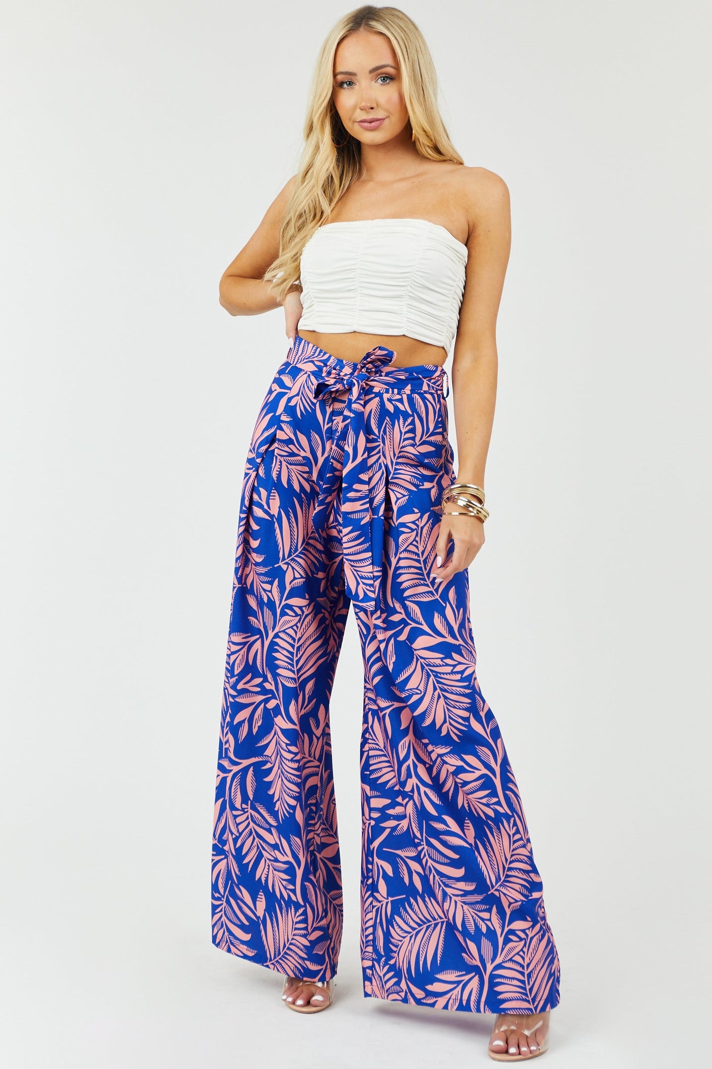 Cobalt and Salmon Leaf Print Woven Pants