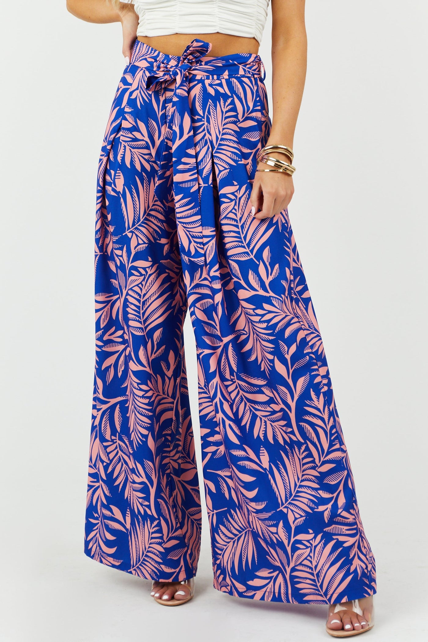 Cobalt and Salmon Leaf Print Woven Pants