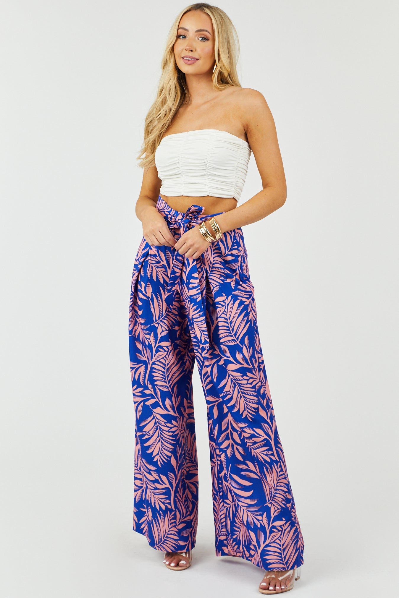 Cobalt and Salmon Leaf Print Woven Pants