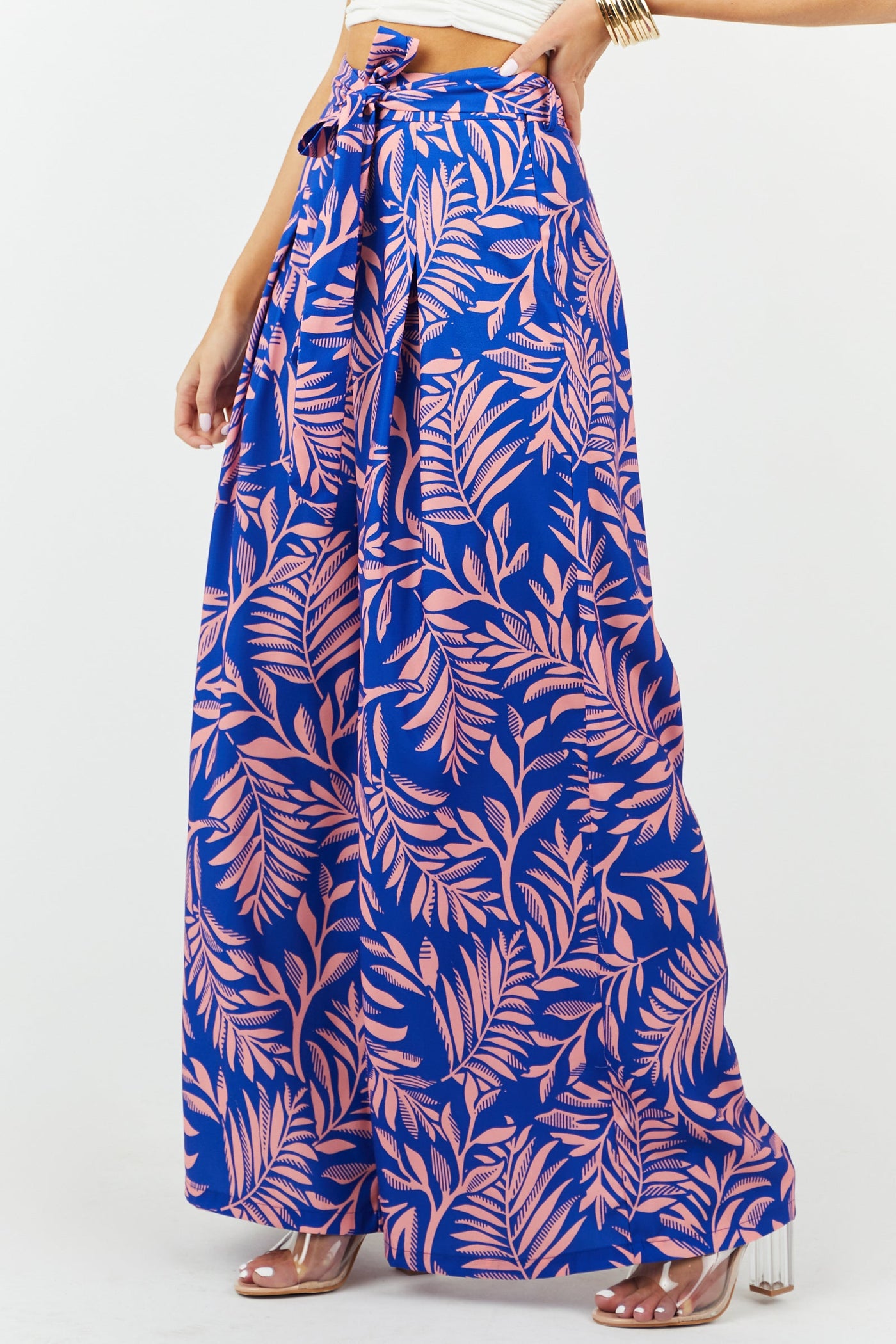 Cobalt and Salmon Leaf Print Woven Pants
