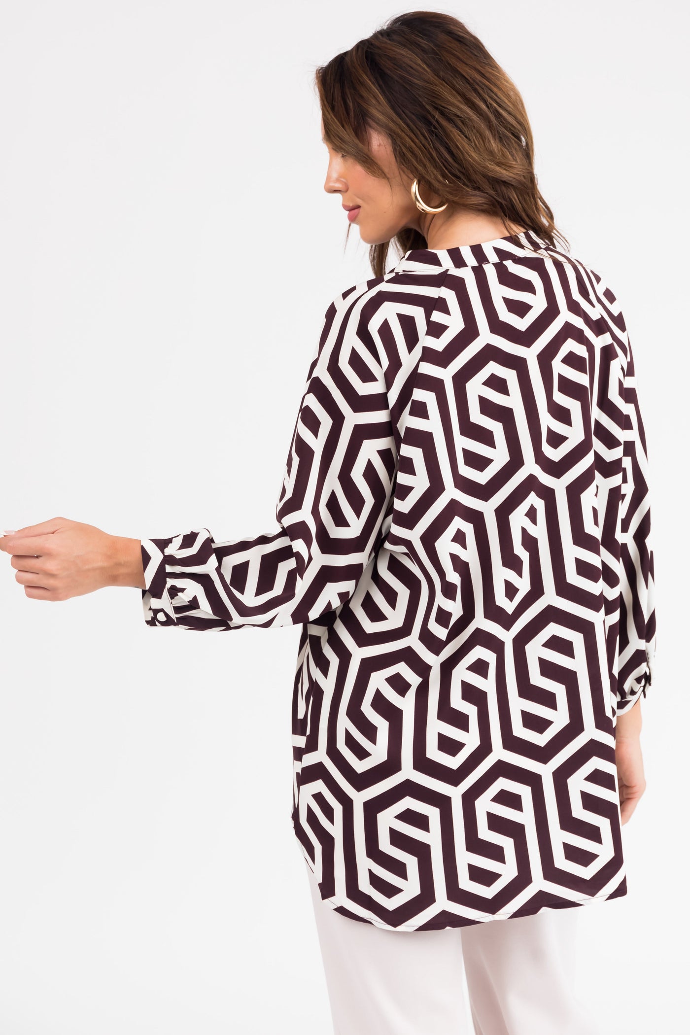 Cocoa Geometric Print Button Up Blouse
