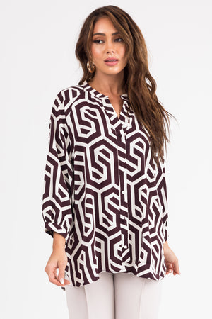 Cocoa Geometric Print Button Up Blouse
