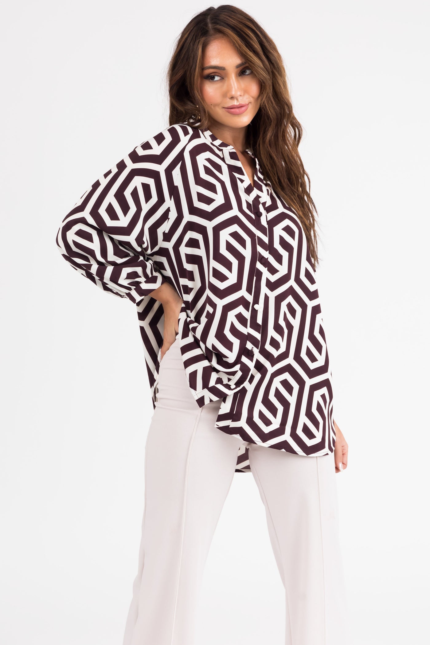 Cocoa Geometric Print Button Up Blouse