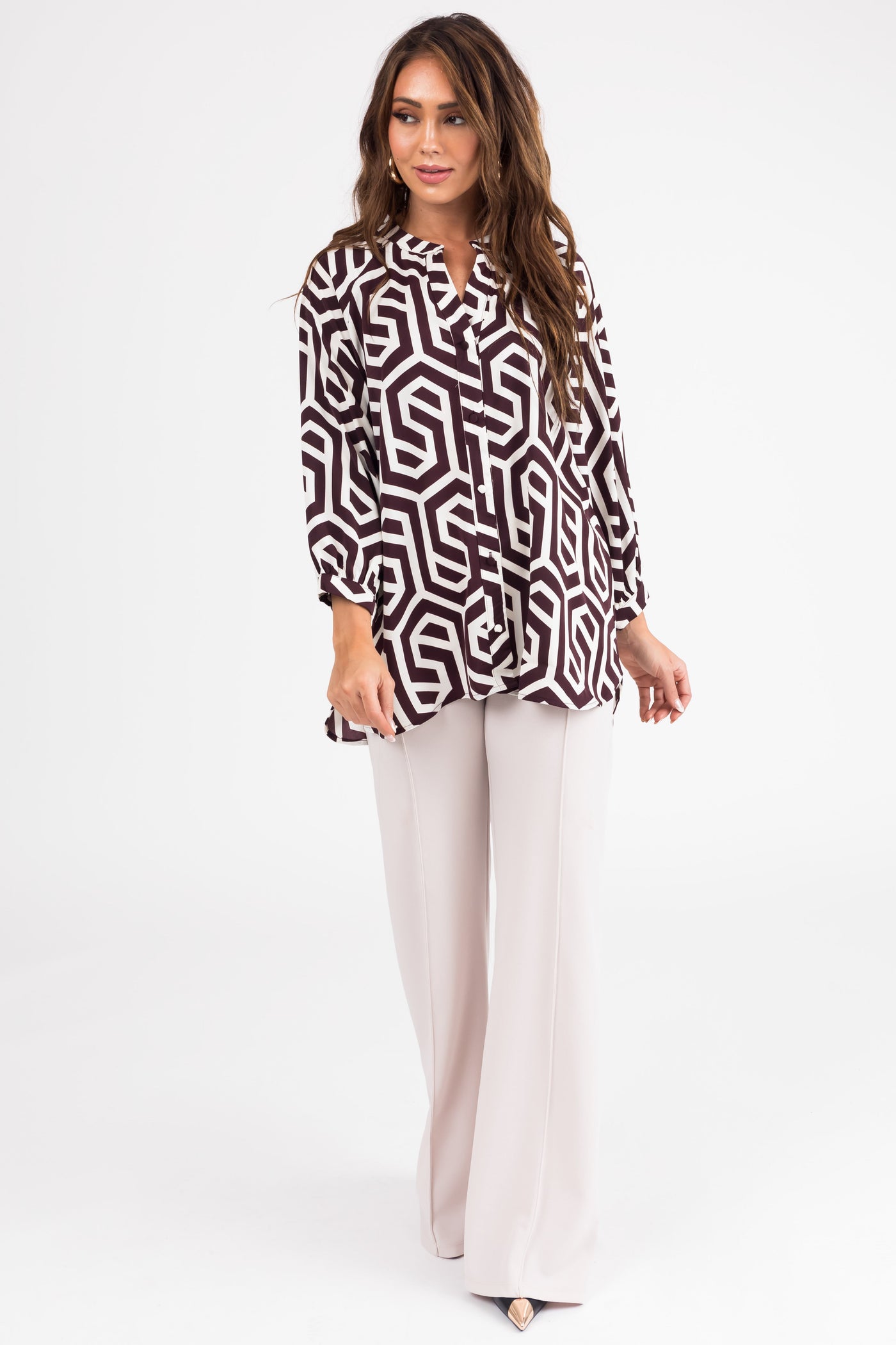 Cocoa Geometric Print Button Up Blouse
