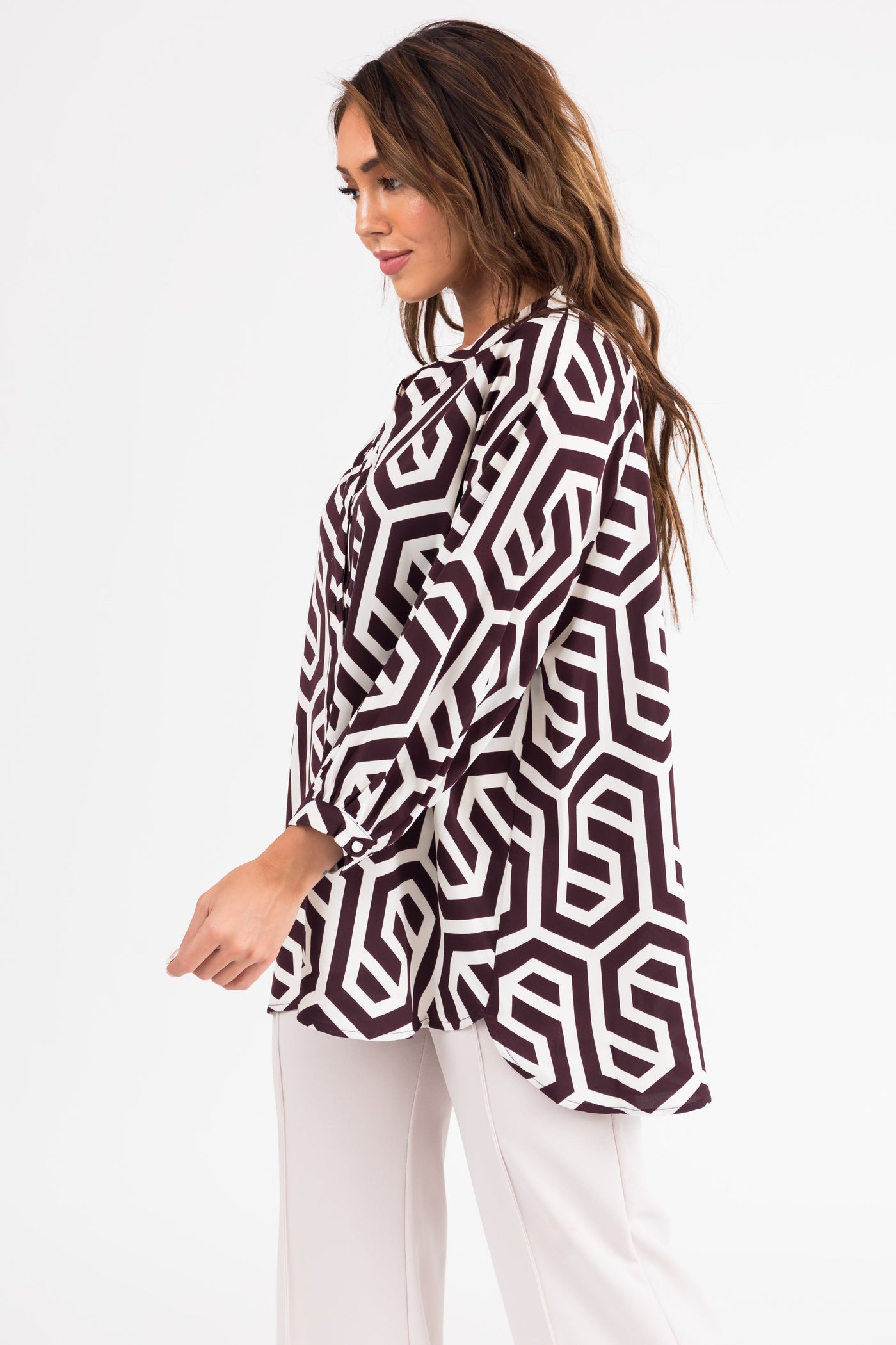 Cocoa Geometric Print Button Up Blouse