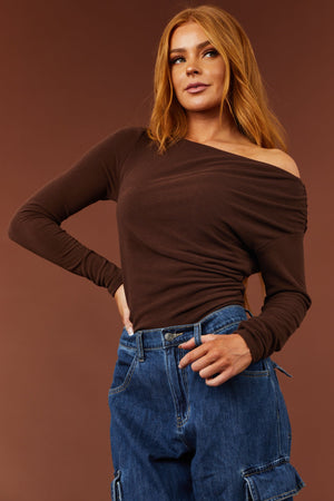 Cocoa Off Shoulder Ruched Side Long Sleeve Top