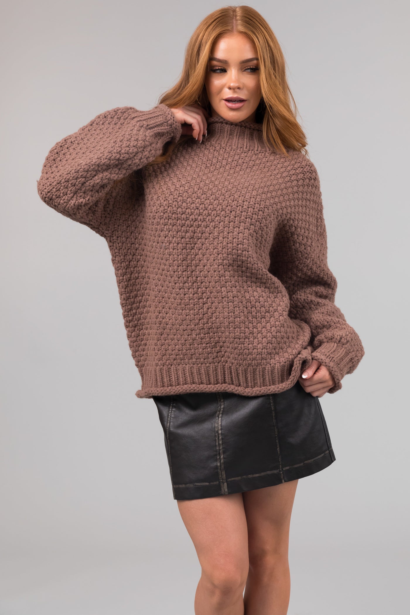 Coffee Chunky Knit Mock Neck Cozy Sweater