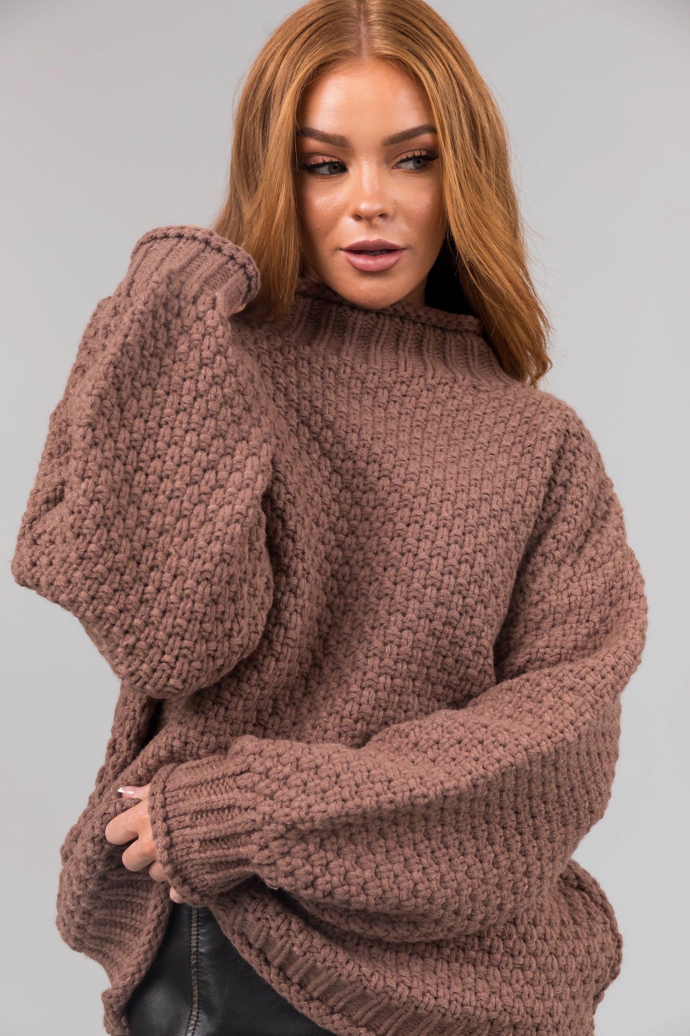 Coffee Chunky Knit Mock Neck Cozy Sweater