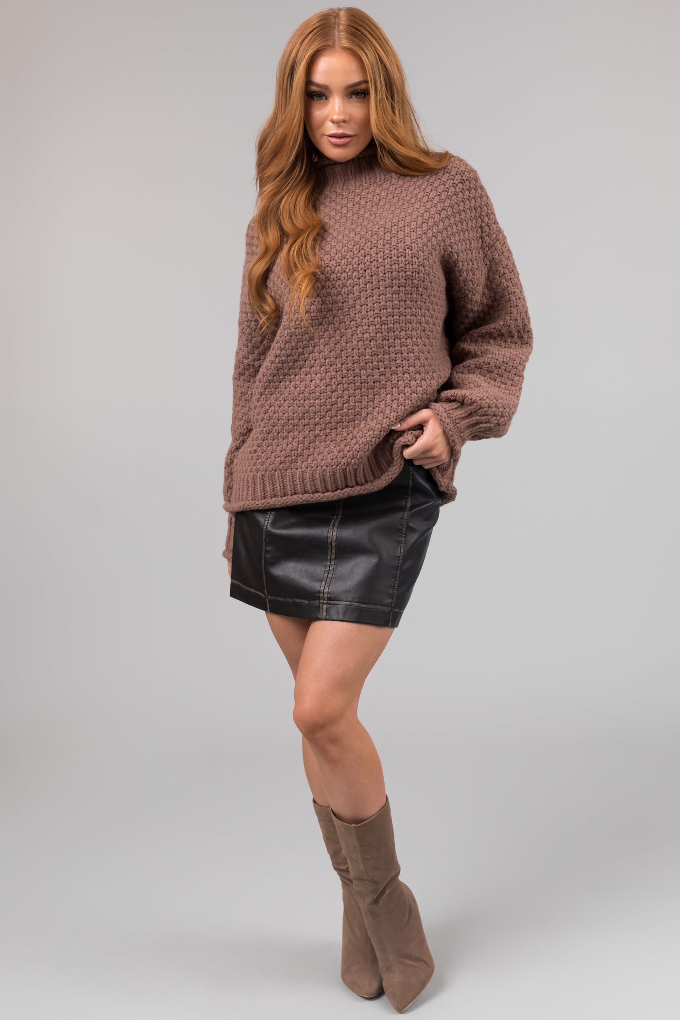 Coffee Chunky Knit Mock Neck Cozy Sweater