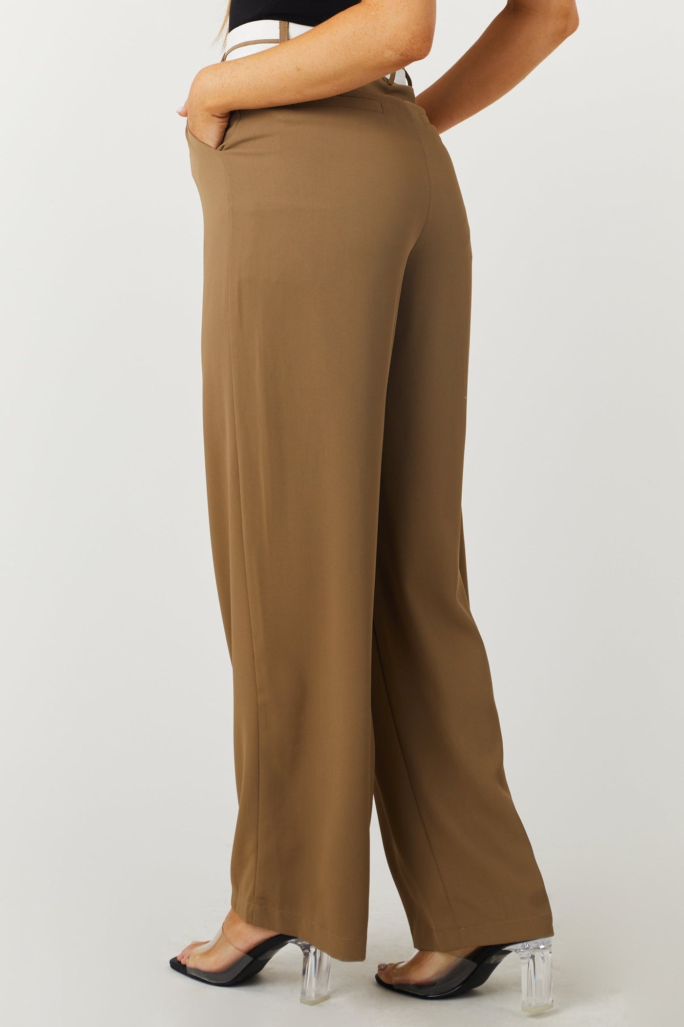 Coffee Contrast Waistband Wide Leg Pants