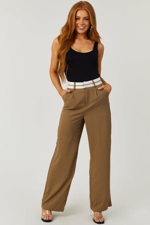 Coffee Contrast Waistband Wide Leg Pants