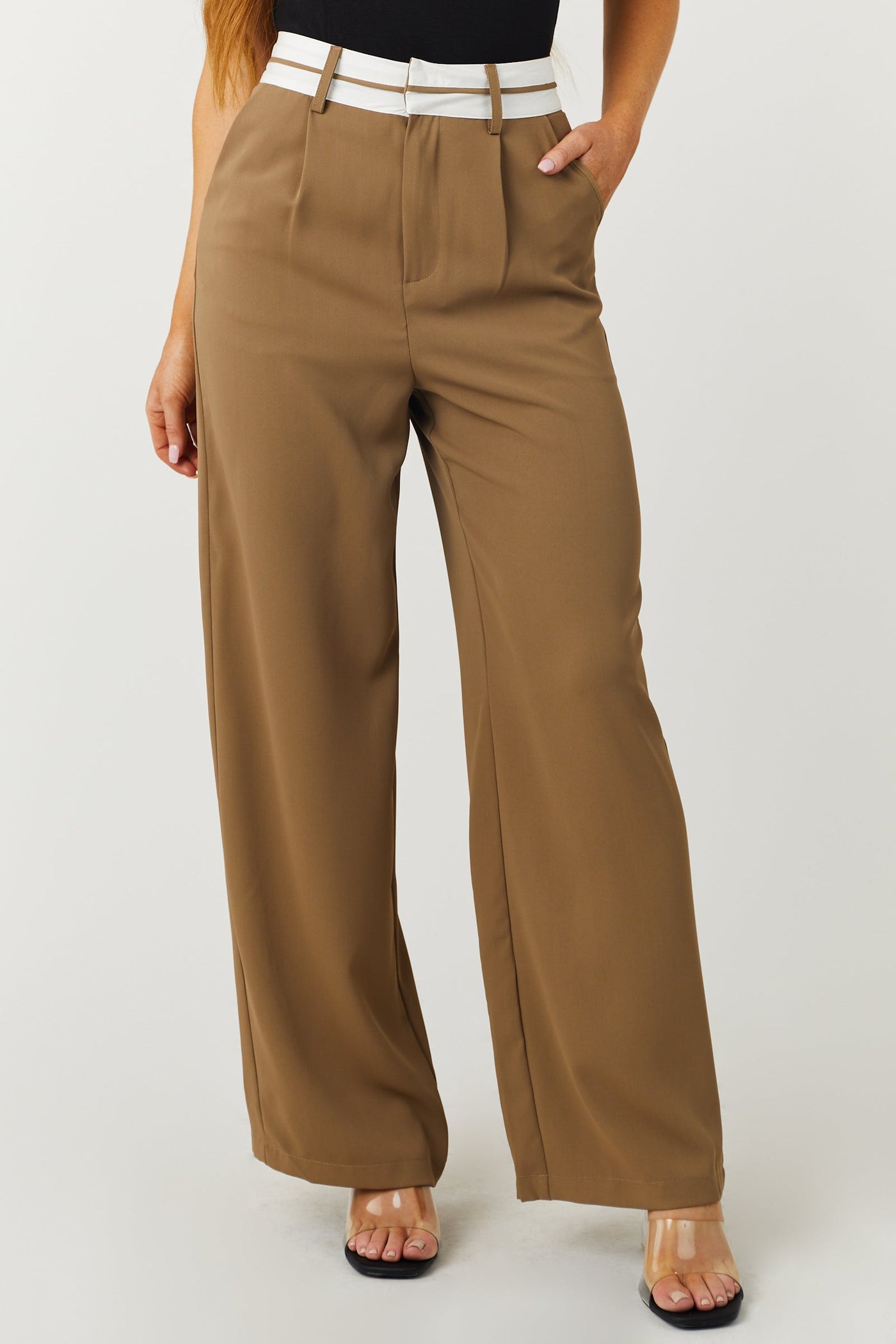 Coffee Contrast Waistband Wide Leg Pants