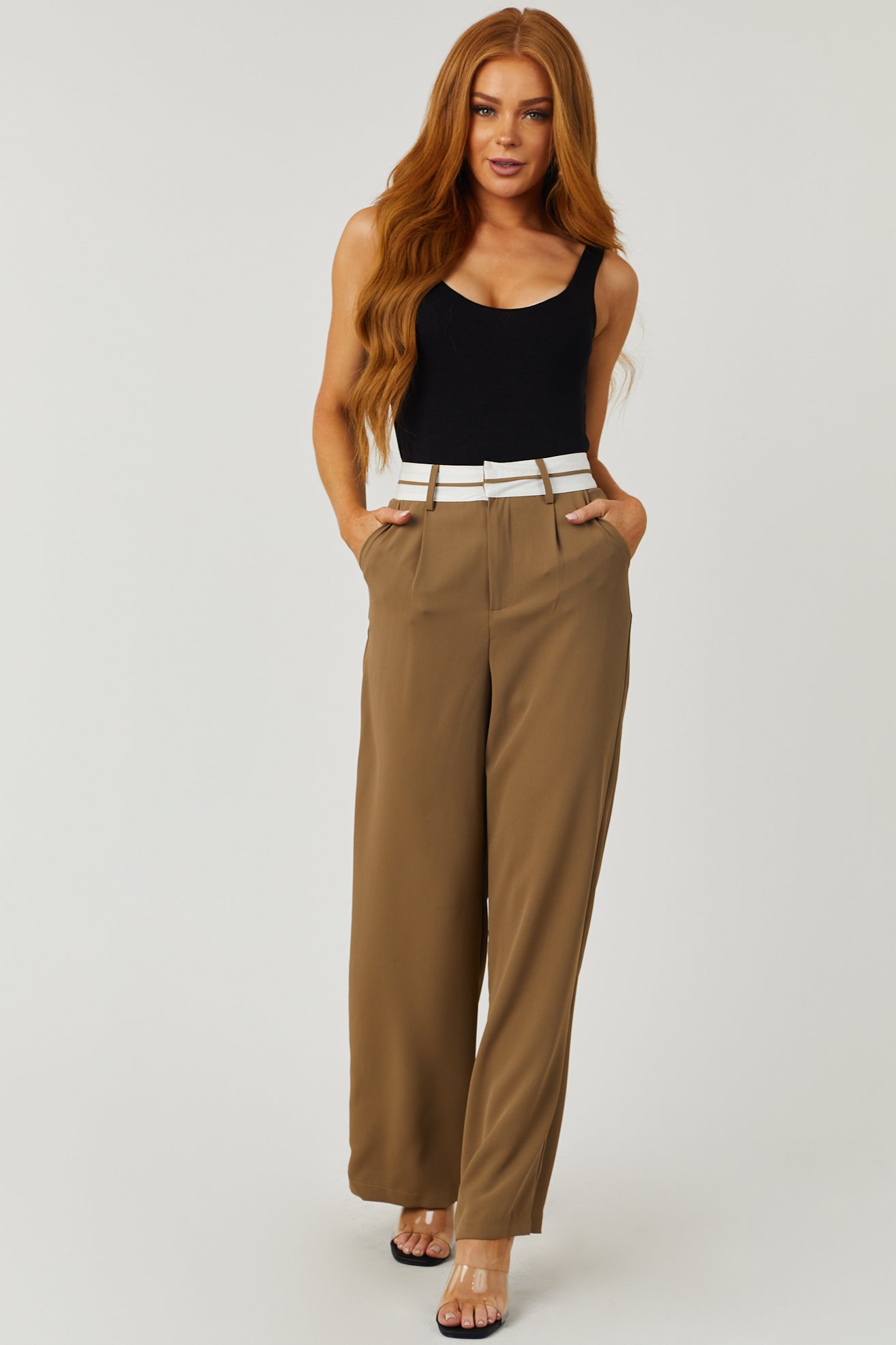 Coffee Contrast Waistband Wide Leg Pants
