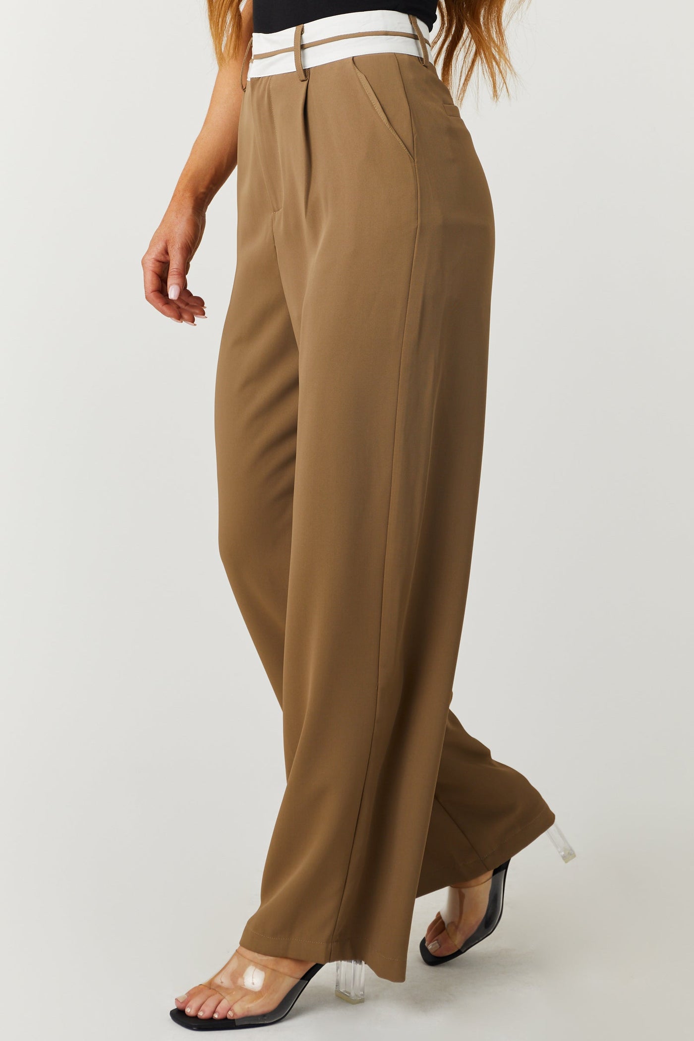 Coffee Contrast Waistband Wide Leg Pants