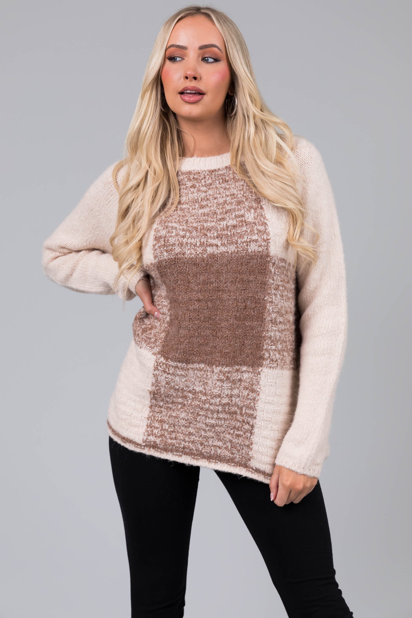 Coffee Large Checker Print Knit Sweater