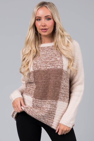 Coffee Large Checker Print Knit Sweater