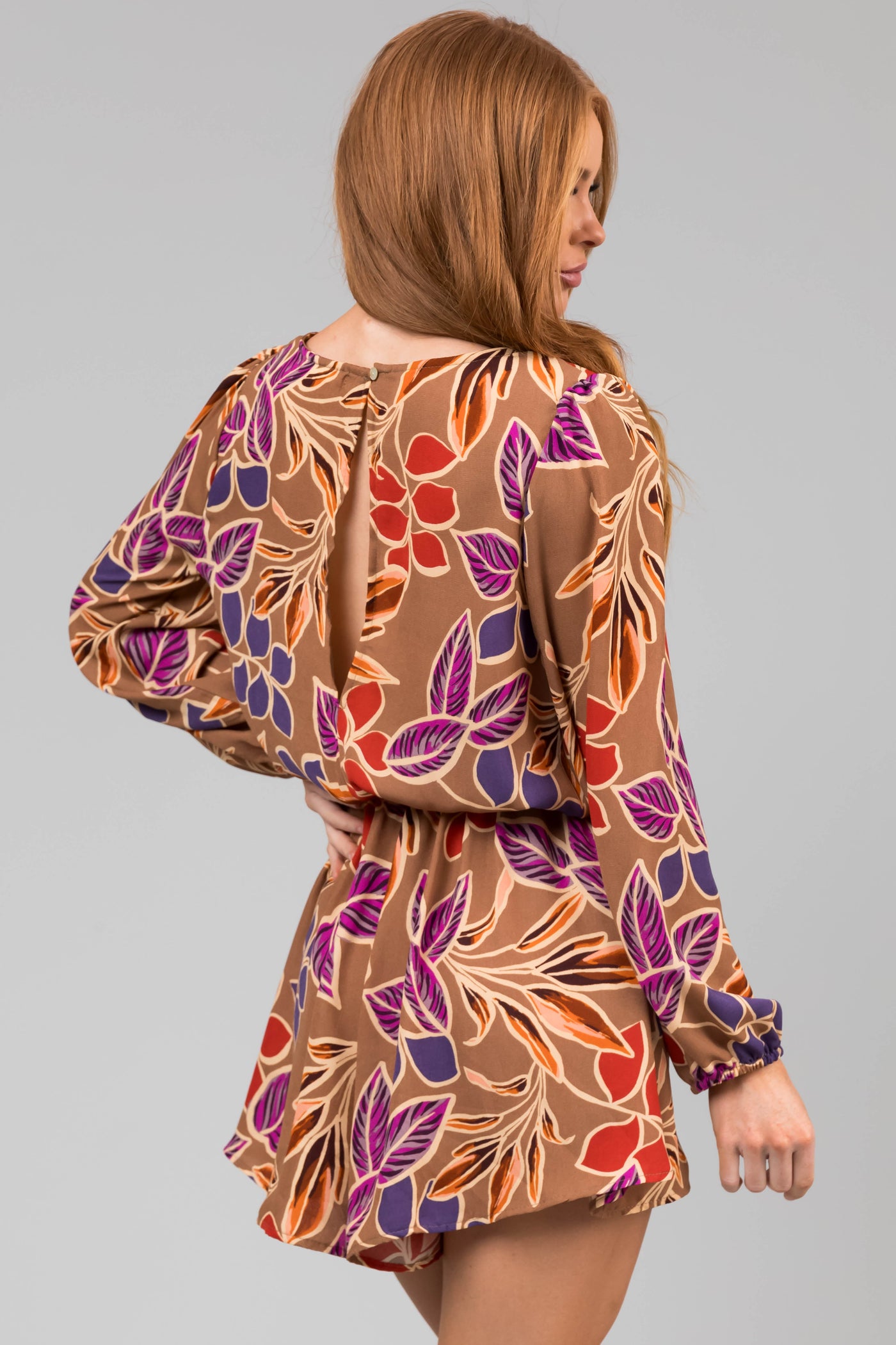 Coffee Leaf Print Surplice Flare Romper