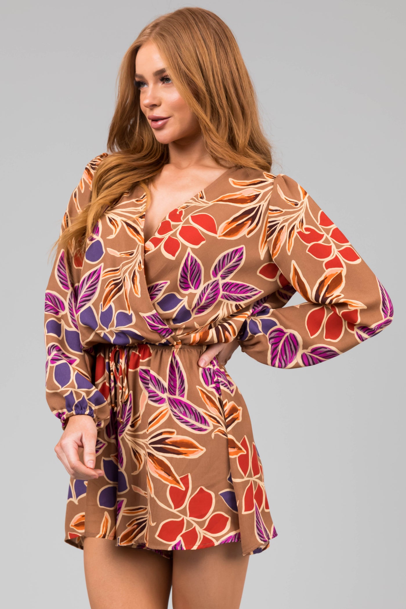 Coffee Leaf Print Surplice Flare Romper