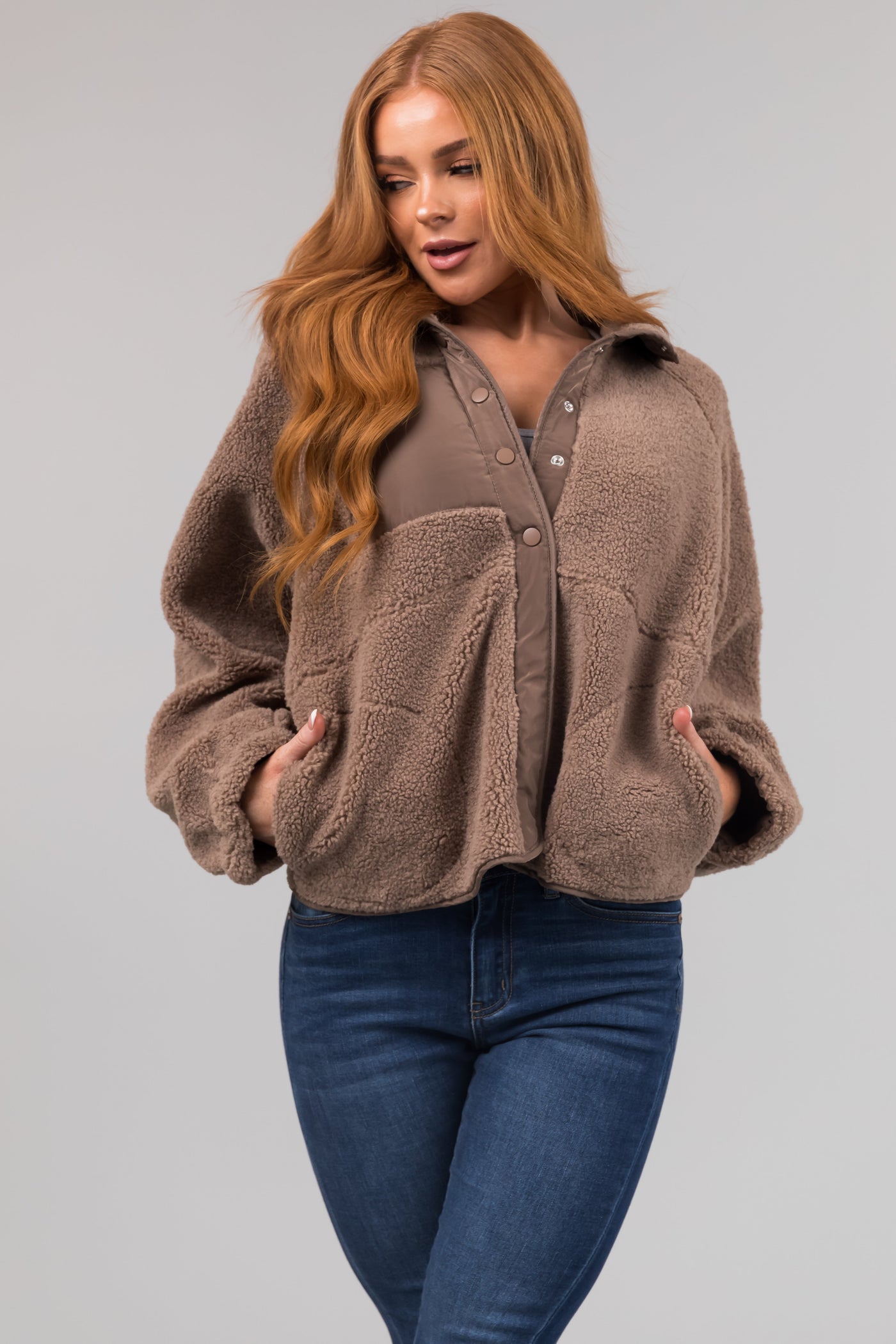 Coffee Snap Button Down Sherpa Jacket