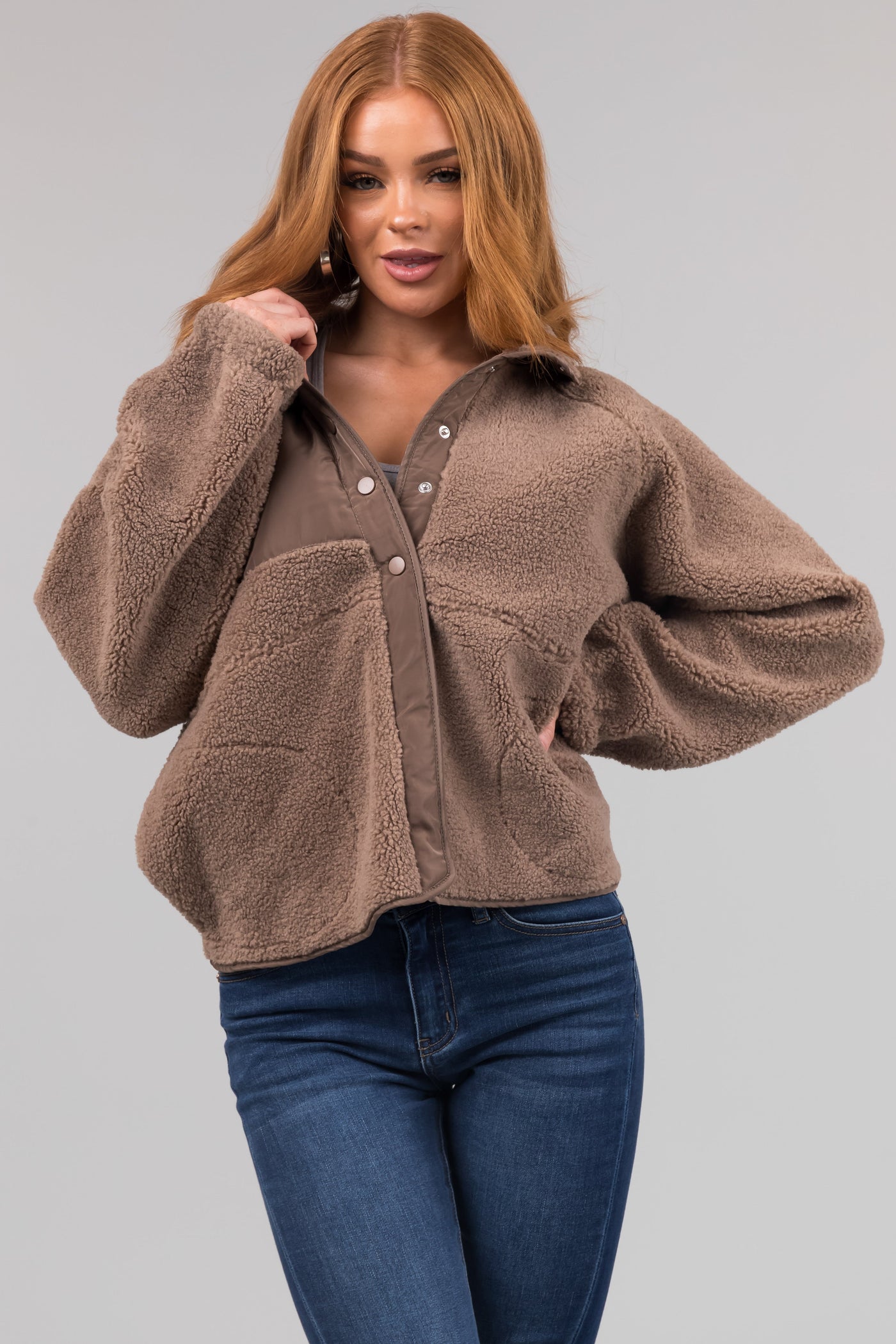 Coffee Snap Button Down Sherpa Jacket