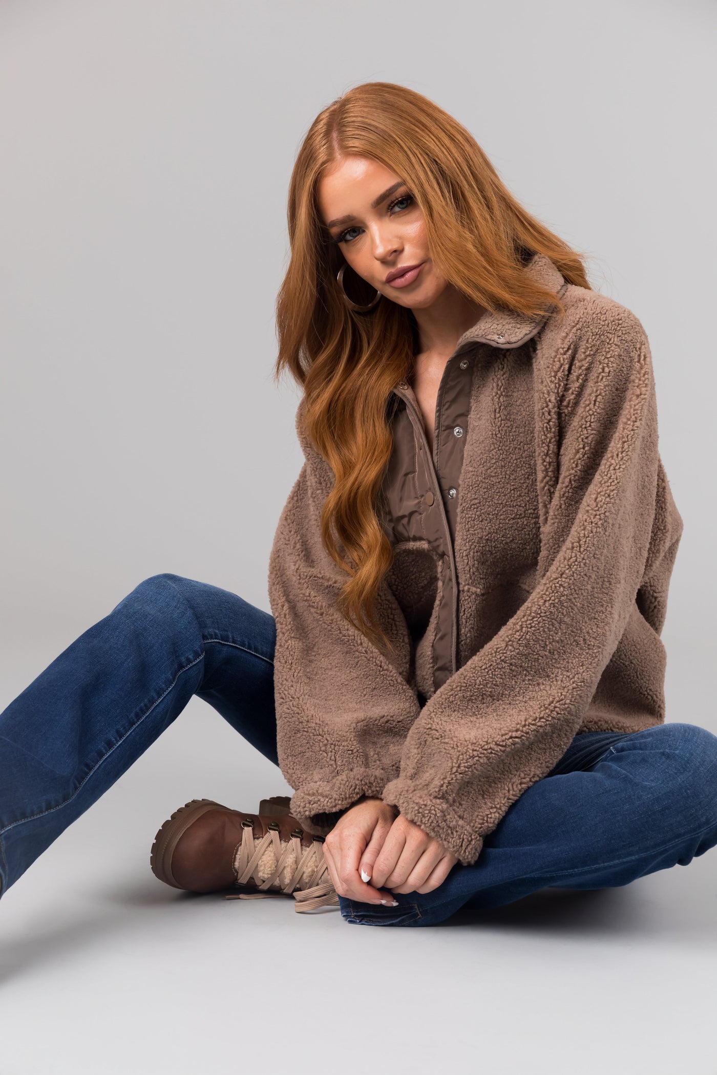Coffee Snap Button Down Sherpa Jacket