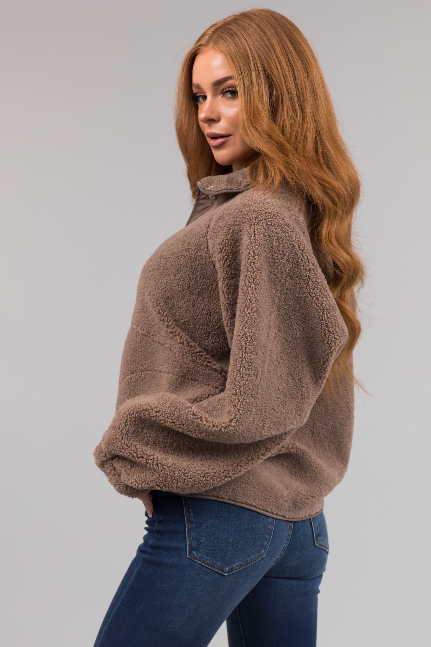 Coffee Snap Button Down Sherpa Jacket